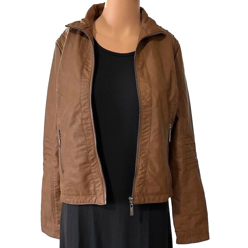 JOUJOU Moto Jacket Women's Size XS Vegan Leather Brown Zipper Pockets Lined Coat